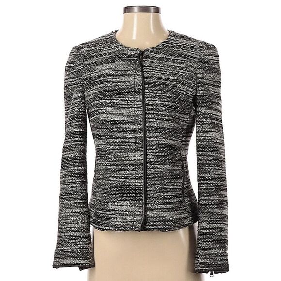 ECRU Womens Gray black metallic tweed collarliss blazer full zip jacket size 4 - Picture 1 of 13
